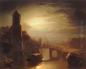 Barges On A Canal By Moonlight by Petrus van Schendel