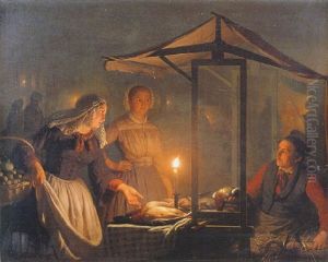 Young Woman At A Market Stall By Moonlight by Petrus van Schendel