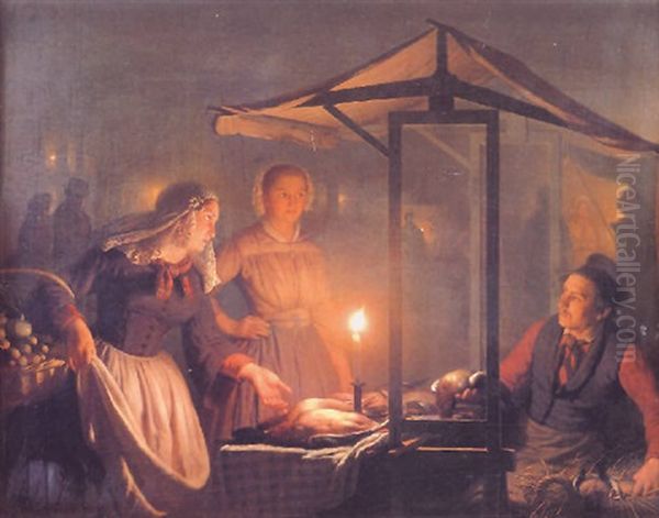 Young Women At A Market Stall By Moonlight - view 1