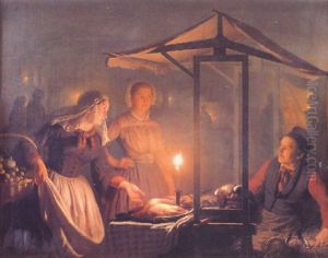 Young Women At A Market Stall By Moonlight