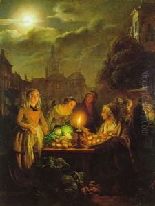 Abendliche Marktszene Im Kerzenschein, Im Hintergrund Eine Stadtsilhouette (amsterdam?)
