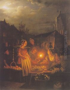 Vegetable Sellers By Candle-light by Petrus van Schendel