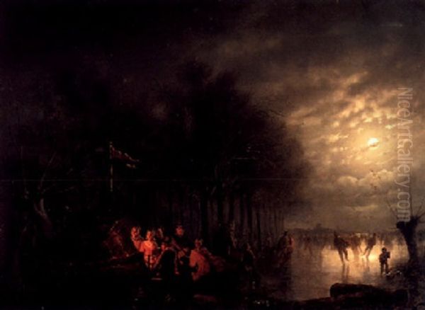 Skaters Near A Koek En Zopie In A Moonlit Landscape - view 1