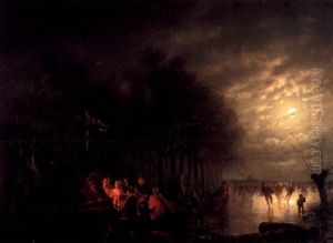 Skaters Near A Koek En Zopie In A Moonlit Landscape by Petrus van Schendel
