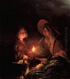 Gemusehandlerin Bei Kerzenlicht by Petrus van Schendel