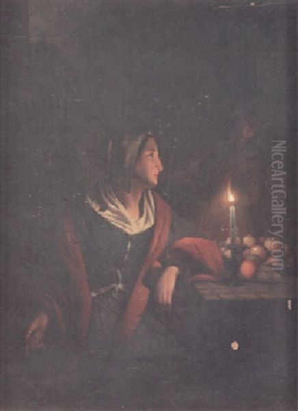 A Candlelit Interior With A Lady Seated At A Table Laden With Fruit - view 1