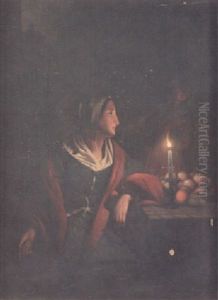 A Candlelit Interior With A Lady Seated At A Table Laden With Fruit A Candlelit Interior With A Lady Seated At A Table Laden With Fruit
