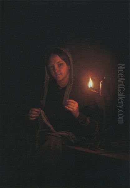 A Seamstress By An Oil Lamp - view 1