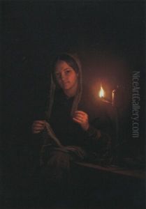 A Seamstress By An Oil Lamp by Petrus van Schendel