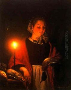 A Candlelit Market With A Woman And Game by Petrus van Schendel