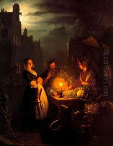 The Vegetable Market At Night by Petrus van Schendel