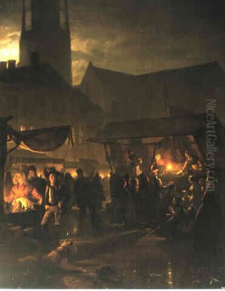 Numerous Figures On A Moonlit Market - view 1