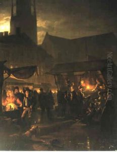 Numerous Figures On A Moonlit Market