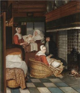 An Interior With A Family And Two Nurses Before A Fire by Esaias Boursse
