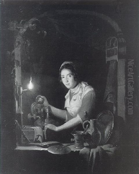 A Maid Working By Candlelight - view 1