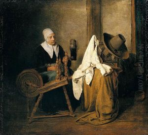 Interior With An Old Woman At A Spinning Wheel by Esaias Boursse