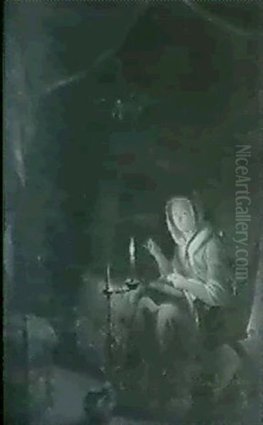 Lady Sewing In A Candlelit Interior - view 1
