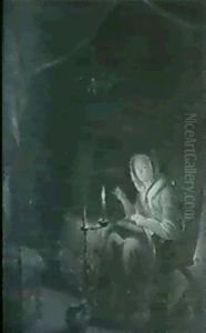 Lady Sewing In A Candlelit Interior