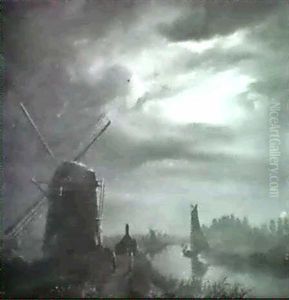 Windmuhle Im Mondenschein by Petrus van Schendel