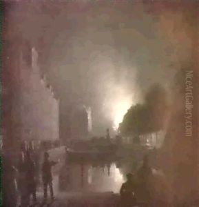 Rotterdam On Fire: A View Of The Steigersgracht Towards The Groote Markt With A Statue Of Erasmus by Petrus van Schendel