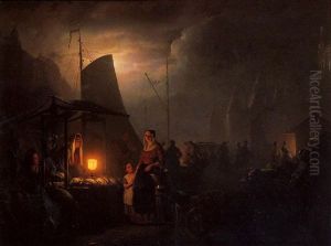 A Market Square At Night With Several Townsfolk By Dead Game And Grocery Stands, Bruxelles