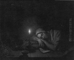 A Candle-lit Interior With A Kitchen Maid Sleeping At A Table