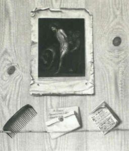 Trompe L'oeil Still Life Of A Board With A Print, An        Almanac, And A Comb Attached To It