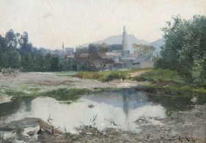 Ortschaft Hinter Einer Flusslandschaft Ortschaft Hinter Einer Flusslandschaft