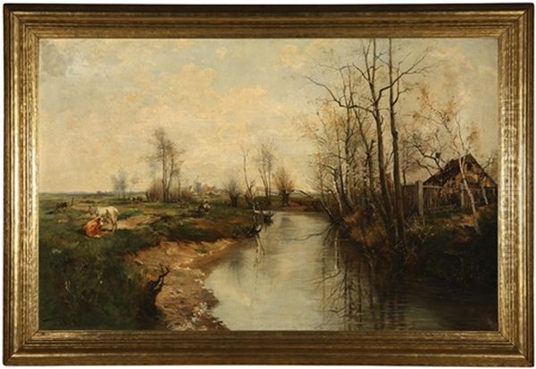 Cows And Figures Along A River In A European Landscape - view 1
