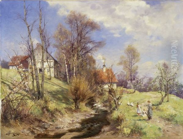 Gansemagd Mit Kindern An Einem Bach - view 1