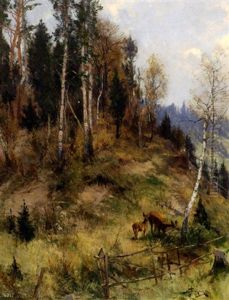 Herbstliche Bewaldete Fruhlingslandschaft Mit Rotwild by Jacques Matthias Schenker