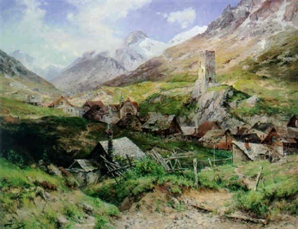 Malerisches Kirchdorf Mit Burgruine In Den Schweizer Bergen - view 1