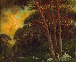 Abendliche Landschaft Mit Badender Am Waldteich Mit Schwanen by Hans Friedrich Emanuel Van Schennis