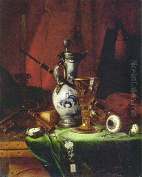 Stilleben Mit Fayencekanne, Fussglas, Taschenuhr Und Pfeife - view 1