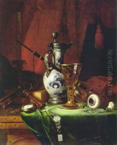 Stilleben Mit Fayencekanne, Fussglas, Taschenuhr Und Pfeife