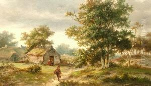 Figures By Cottages In A Woodland Clearing