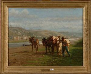 Paysan Et Ses Chevaux En Bord De Fleuve by Cornelis Albert Johannes Schermer