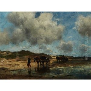 Driving Horse Drawn Wagons On A Beach by Johan Frederik Cornelis Scherrewitz