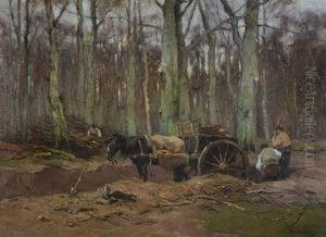 Horse And Cart In A Wood With Men At Work by Johan Frederik Cornelis Scherrewitz
