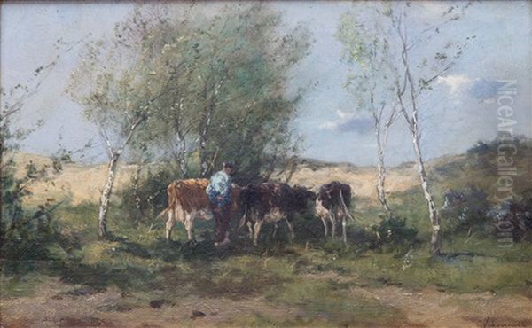 Farmer With Cows In Dune Landscape - view 1