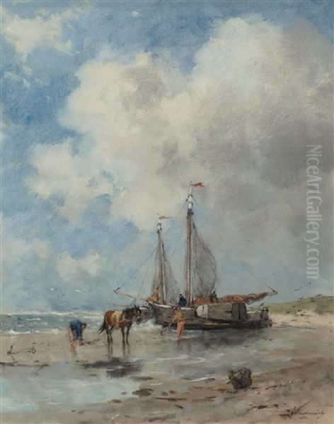 Vissers Met Bomschuit Op Het Strand - view 1