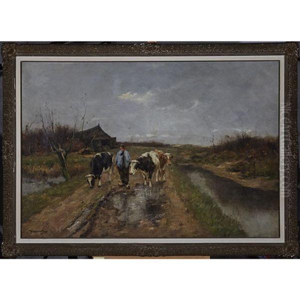 Farmer Leaving The Outbuilding With His Three Cows - view 1