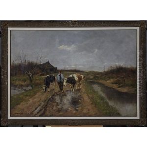 Farmer Leaving The Outbuilding With His Three Cows by Johan Frederik Cornelis Scherrewitz