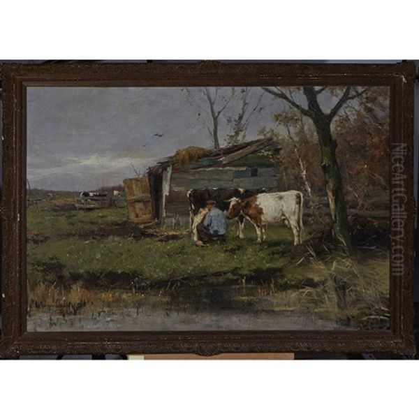 Farmer Milking Cows By An Outbuilding - view 1