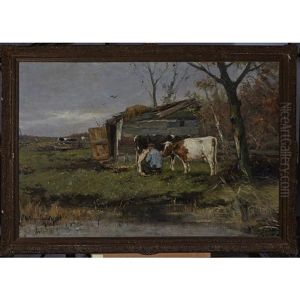 Farmer Milking Cows By An Outbuilding by Johan Frederik Cornelis Scherrewitz