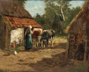 Barnyard With Milkmaid And Cows by Johan Frederik Cornelis Scherrewitz