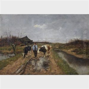 Farmer Leaving The Outbuilding With His Three Cows by Johan Frederik Cornelis Scherrewitz