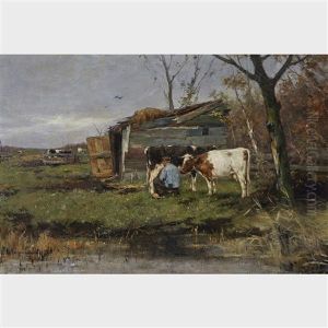 Farmer Milking His Three Cows By An Outbuilding by Johan Frederik Cornelis Scherrewitz