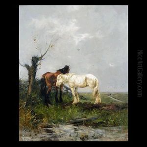 Untitled - Two Horses In A Pasture by Johan Frederik Cornelis Scherrewitz