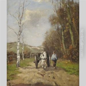 Farmer Leading A Horse Drawn Wagon by Johan Frederik Cornelis Scherrewitz